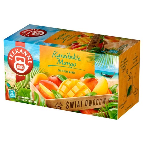Herbata owocowa Teekanne "Świat Owoców" o smaku mango. Opakowanie z grafiką owoców i palm. Zawiera 20 torebek.