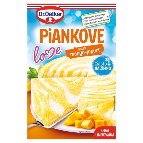 Dr. Oetker Piankove Love, ciasto na zimno mango-jogurt. Opakowanie przedstawia porcje ciasta o kremowej, puszystej konsystencji z żółtymi smugami i świeże mango. To limitowana edycja, bez syropu glukozowego i tłuszczów utwardzonych.
