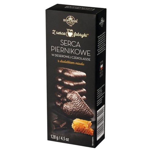 Kopernik Serca Piernikowe z miodem, 128g. Na opakowaniu pierniki w czekoladzie, kawałek czekolady i miód.
