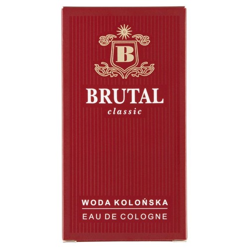 Opakowanie wody kolońskiej Brutal Classic. Czerwone pudełko z białym napisem i złotym herbem.