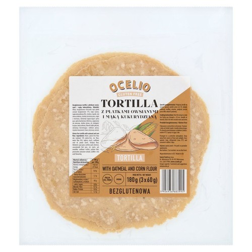 Ocelio Tortilla bezglutenowa z płatkami owsianymi i mąką kukurydzianą. 180g (3x60g). Bez oleju palmowego, wege.