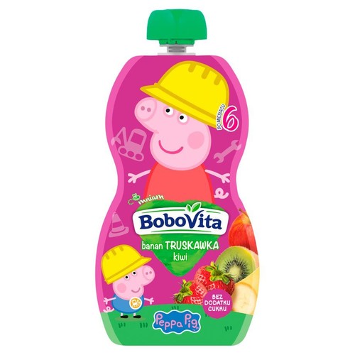 Saszetka BoboVita z musem owocowym banan, truskawka, kiwi. Z grafiką Świnki Peppy i George'a w kaskach. Od 6 miesiąca.