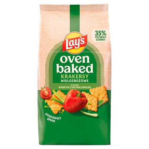 Krakersy wielozbożowe Lay's Oven Baked z warzywami i zieloną cebulką. Na opakowaniu grafika krakersów i warzyw.