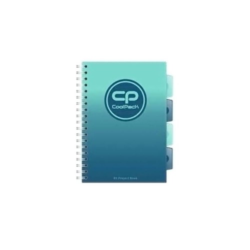 Notatnik spiralny CoolPack A3 Project Book. Posiada okładkę z gradientem od jasnego do ciemnego błękitu, z białym logo "cp CoolPack". Z prawej strony wystają trzy niebieskie zakładki indeksujące. Biała spirala łączy strony.