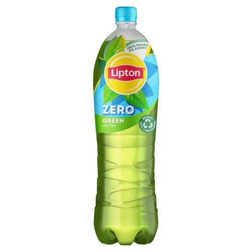 Lipton Zero Green Ice Tea w przezroczystej butelce. Na etykiecie widnieje logo Lipton, nazwa "ZERO GREEN ICE TEA", informacja o 100% smaku i 0% cukru. Butelka jest w 100% z recyklingu, co podkreśla ikona.