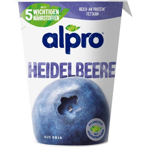 Kubek Alpro Heidelbeere z dużą grafiką borówki. Produkt sojowy, bogaty w białko, niskotłuszczowy, z 5 ważnymi składnikami odżywczymi.