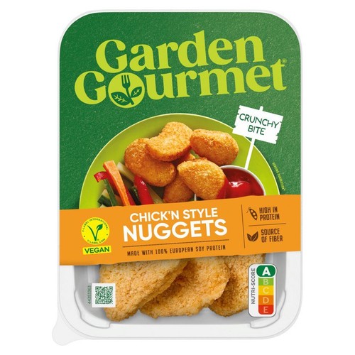 Opakowanie produktu: Garden Gourmet Vegan Nuggets 200g. Na etykiecie grafika usmażonych nuggetsów z warzywami i sosem.