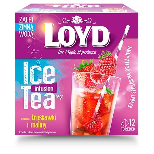 Opakowanie herbaty LOYD Ice Tea o smaku truskawki i maliny. Zawiera 12 torebek. Szybki sposób na orzeźwienie.