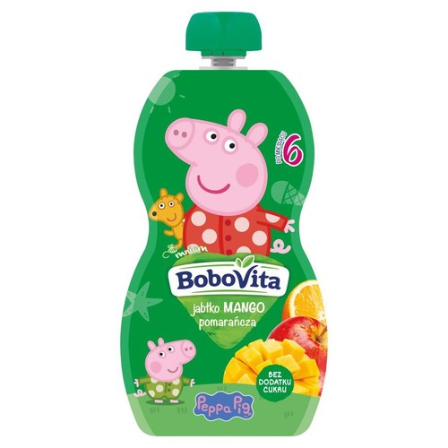 Zielona saszetka BoboVita z musem jabłko, mango, pomarańcza. Z wizerunkiem Peppy Pig i George'a. Produkt dla niemowląt od 6 miesiąca.