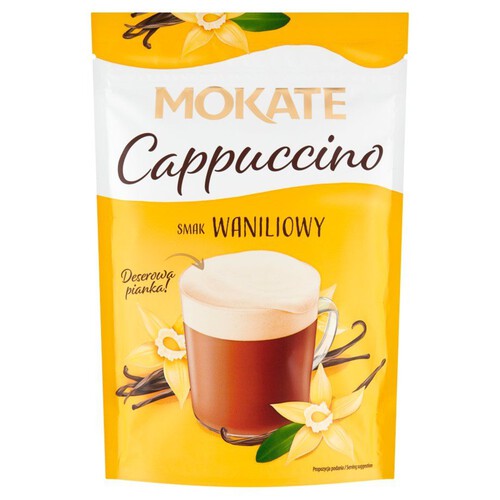 Cappuccino o smaku waniliowym - rozpuszczalny napój kawowy w proszku Mokate 110 g