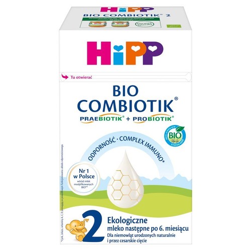 Mleko modyfikowane HiPP BIO COMBIOTIK 2 dla niemowląt po 6. miesiącu. Opakowanie z logo HiPP i grafiką kropli mleka.