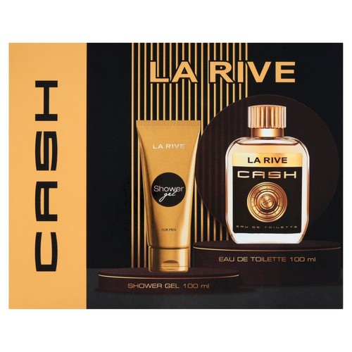 Zestaw La Rive Cash z wodą toaletową 100 ml i żelem pod prysznic 100 ml. Eleganckie, czarno-złote pudełko.
