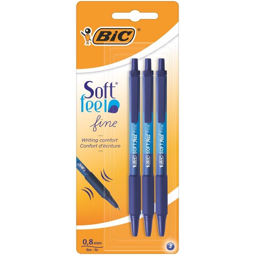 Trzy niebieskie długopisy BIC Soft Feel Fine 0,8 mm w blistrze. Zapewniają komfort pisania.