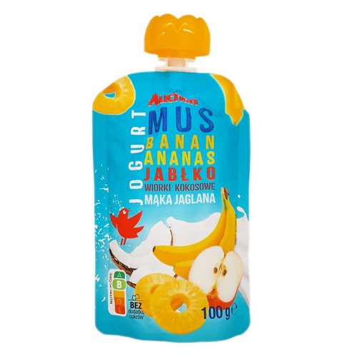 Mus z wiórkami kokosowymi jogurt banan ananas jabłko Auchan 100 g