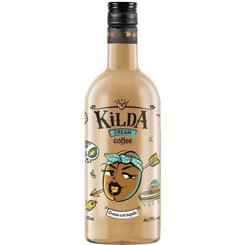 Likier kawowy KILDA CREAM coffee z tequilą, 700 ml. Butelka z etykietą przedstawiającą ziarno kawy z twarzą i strzałą.