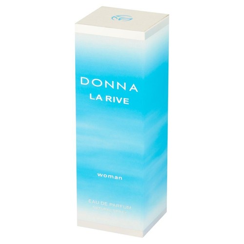 Opakowanie wody perfumowanej La Rive Donna dla kobiet. Biało-niebieskie pudełko z napisem "DONNA LA RIVE woman EAU DE PARFUM".
