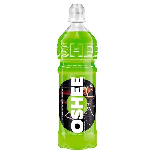Butelka OSHEE Isotonic Drink, smak limonkowo-miętowy, 750 ml. Etykieta z napisem "FOR BIKERIDERS" i grafiką rowerzysty.