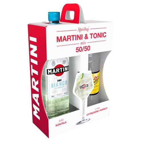 Zestaw do przygotowania koktajlu Martini & Tonic mix 50/50. Zawiera butelkę Martini Bianco Vermouth 750 ml oraz butelkę toniku. Biało-czerwone opakowanie kartonowe z uchwytem, z grafiką koktajlu z limonką.