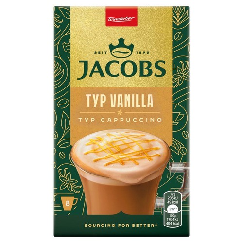 Jacobs Typ Cappuccino Vanilla w zielono-złotym pudełku. Grafika przedstawia kawę z bitą śmietaną i polewą. 8 porcji.
