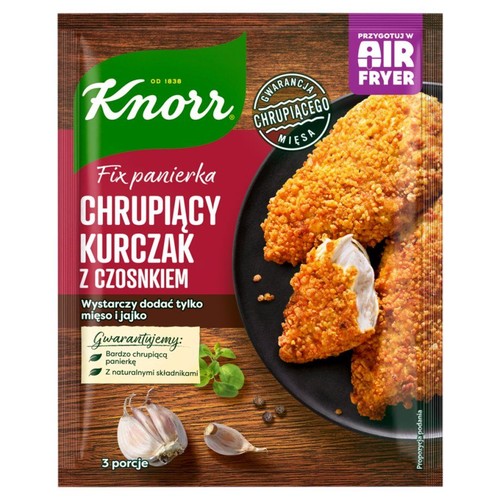 Panierka Knorr Chrupiący Kurczak z Czosnkiem. Opakowanie z grafiką kurczaka i czosnku. Wystarczy dodać mięso i jajko.