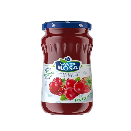 Słoik dżemu Santa Rosa "Frutti Rossi" z czerwoną zawartością. Na etykiecie widnieje nazwa "Tanta Frutta a Pezzettoni" (Dużo Owoców w Kawałkach) oraz grafika przedstawiająca mieszankę czerwonych owoców, w tym truskawek.
