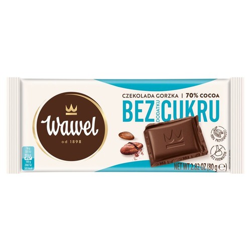 Opakowanie czekolady Wawel, gorzkiej, 70% kakao, bez dodatku cukru. Design opakowania biało-niebieski z brązowym logo Wawel. Widoczny kawałek czekolady i ziarna kakao. Waga produktu to 80 gramów.