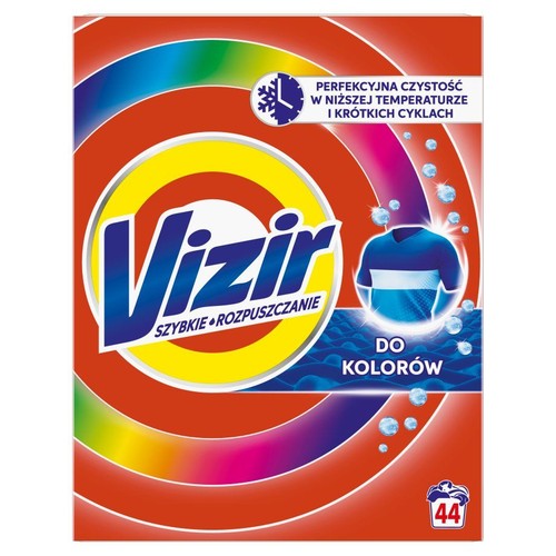 Opakowanie proszku do prania Vizir do kolorów, z napisem "Szybkie rozpuszczanie". Na opakowaniu grafika koszulki i bąbelków.