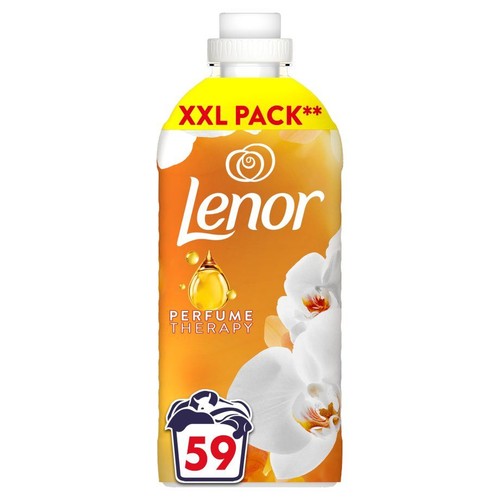 Lenor płyn do płukania, XXL opakowanie, 59 prań. Butelka z grafiką białych orchidei i złotą kroplą.