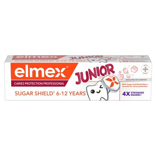 Pasta do zębów Elmex Junior Sugar Shield dla dzieci w wieku 6-12 lat. Zapewnia ochronę przed próchnicą.