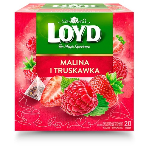 Pudełko herbaty Loyd Malina i Truskawka. Czerwone opakowanie z zielonym paskiem i grafiką malin, truskawek oraz torebki herbaty. 20 torebek.