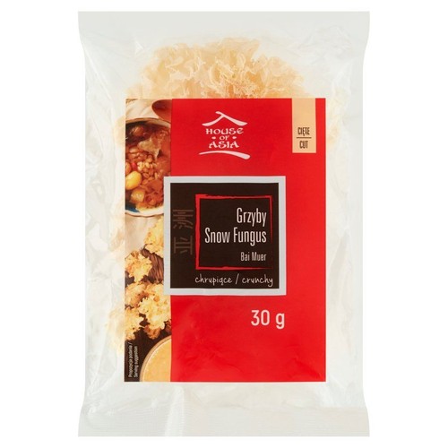 Opakowanie grzybów Snow Fungus House of Asia, 30g. Przezroczysta torebka z czerwoną etykietą. Grzyby są cięte i chrupiące.