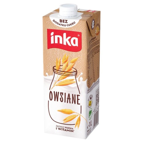 Inka Owsiane, napój owsiany bez dodatku cukru. Karton z grafiką słoika z owsem i białymi kroplami. Źródło wapnia i witamin.