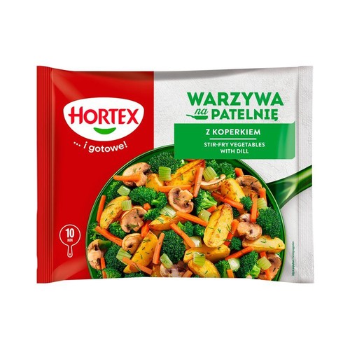 Czerwono-białe opakowanie Hortex Warzywa na Patelnię z koperkiem. Grafika przedstawia gotowe danie z warzyw w patelni. Czas przygotowania: 10 min.
