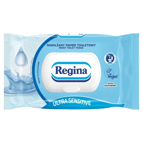 Opakowanie nawilżanego papieru toaletowego Regina Ultra Sensitive z inteligentnym zamknięciem klik-klak. Produkt wegański, z pantenolem.