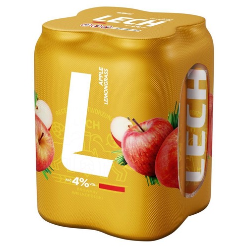 Czteropak piwa Lech Apple Lemongrass, 4% alkoholu. Złote puszki z grafiką jabłek i trawy cytrynowej, każda 500 ml.