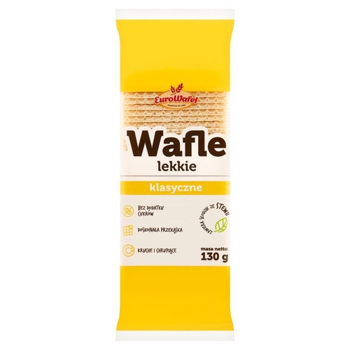 Żółto-białe opakowanie wafli lekkich EuroWafel, 130 g. Produkt zawiera słodzik ze stewii, jest kruchy i chrupiący.