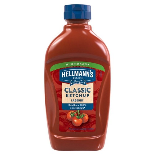 Hellmann's Classic Ketchup Łagodny. Czerwona butelka z niebieską zakrętką. Etykieta z ilustracją pomidorów.