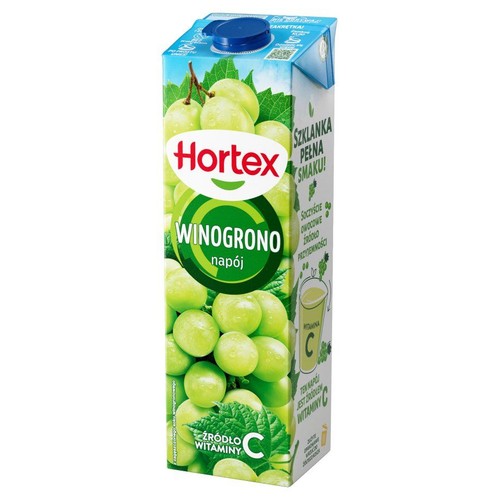 Opakowanie napoju winogronowego Hortex. Na kartonie widnieje duży kiść zielonych winogron.