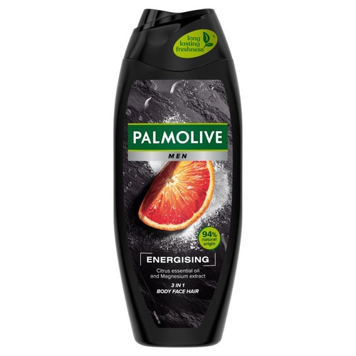 Palmolive Men Energising, żel pod prysznic 3 w 1 do ciała, twarzy i włosów. Butelka czarna z grafiką czerwonego cytrusa.