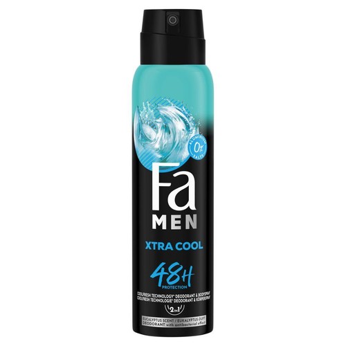 Dezodorant Fa Men Xtra Cool 150 ml. Czarna butelka z turkusową etykietą, grafiką wody. 48h ochrony, zapach eukaliptusa.