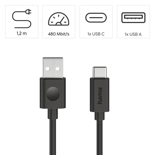 Kabel USB Hama, czarny, 1,2 m. Złącza USB-A i USB-C. Transfer danych do 480 Mbit/s.