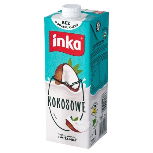 Biało-turkusowy karton napoju kokosowego Inka, 1 litr. Na opakowaniu widnieje duża grafika przekrojonego kokosa i mniejszego kawałka, otoczonych białym płynem. Produkt jest oznaczony jako "bez dodatku cukru" oraz "źródło wapnia i witamin".