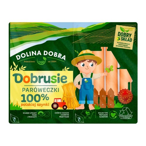 Opakowanie paróweczek Dobrusie 100% polskiej szynki. Etykieta z rysunkiem farmera i hasłem "Dolina Dobra". Dobry skład.