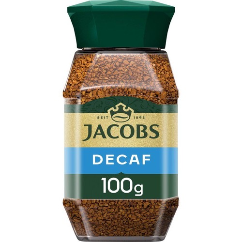 Kawa Jacobs Decaf w szklanym słoiku z zieloną zakrętką. Na etykiecie napis "Jacobs Decaf 100g".