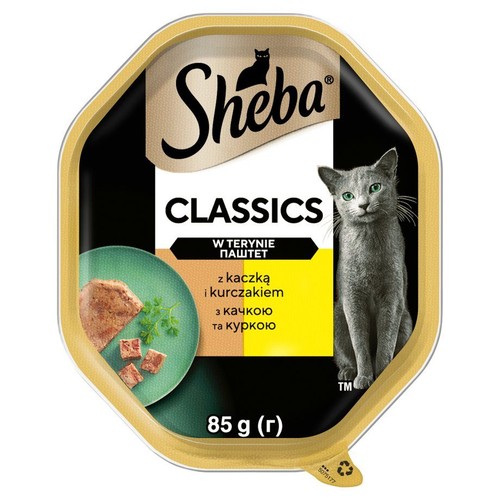 Tacka karmy dla kota Sheba Classics, pasztet z kaczką i kurczakiem, 85 g. Na etykiecie szary kot i porcja karmy.