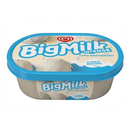 Pojemnik lodów Big Milk Intense Super Śmietankowy. Beżowe opakowanie z niebieską pokrywką. Na pokrywce widoczne logo Big Milk, grafika kulek lodów i informacja "Ze świeżą śmietanką".
