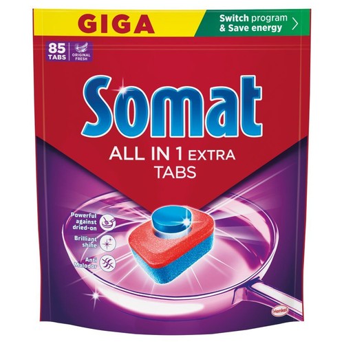 Somat All in 1 Extra Tabs, 85 tabletek do zmywarki. Opakowanie GIGA. Zapewnia blask i świeżość.