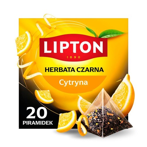 Opakowanie herbaty Lipton czarnej z cytryną. Zawiera 20 torebek w kształcie piramidek.