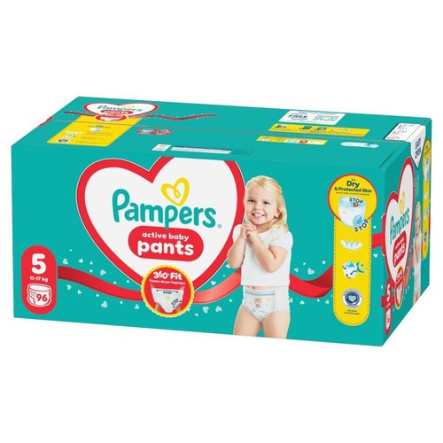 Opakowanie Pampers Active Baby Pants, rozmiar 5 (11-17 kg), 96 sztuk. Turkusowe pudełko z uśmiechniętym dzieckiem.