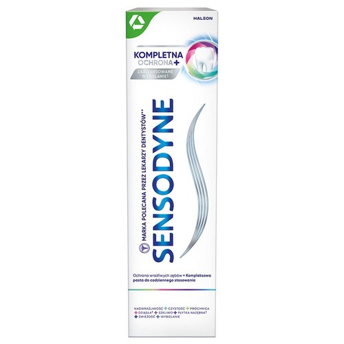 Pasta do zębów Sensodyne Kompletna Ochrona+, polecana przez dentystów, do wrażliwych zębów.